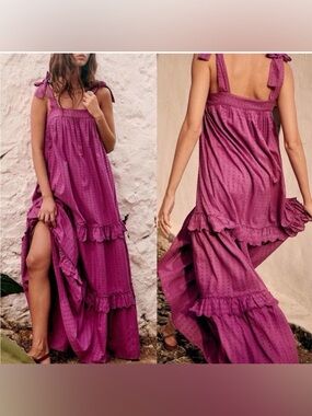 Sezane Purple Tie-Shoulder Tiered Maxi Dress